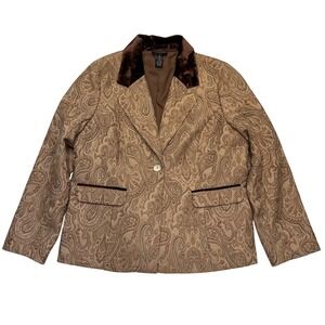 Dialogue Brown Tan Paisley Y2K Bohemian Velvet Collar Statement Blazer Size 16